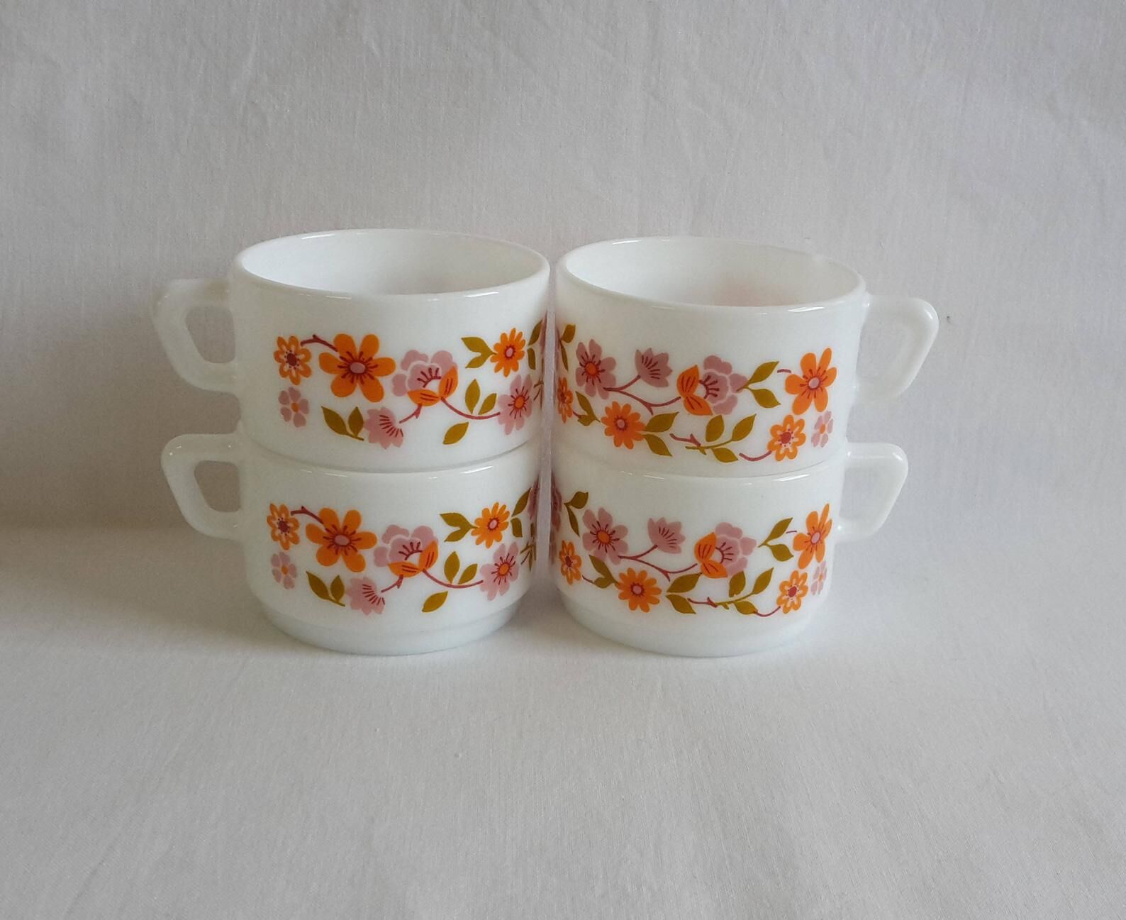 4 cups Arcopal scania orange flowers and mauve vintage 70s coffee espresso