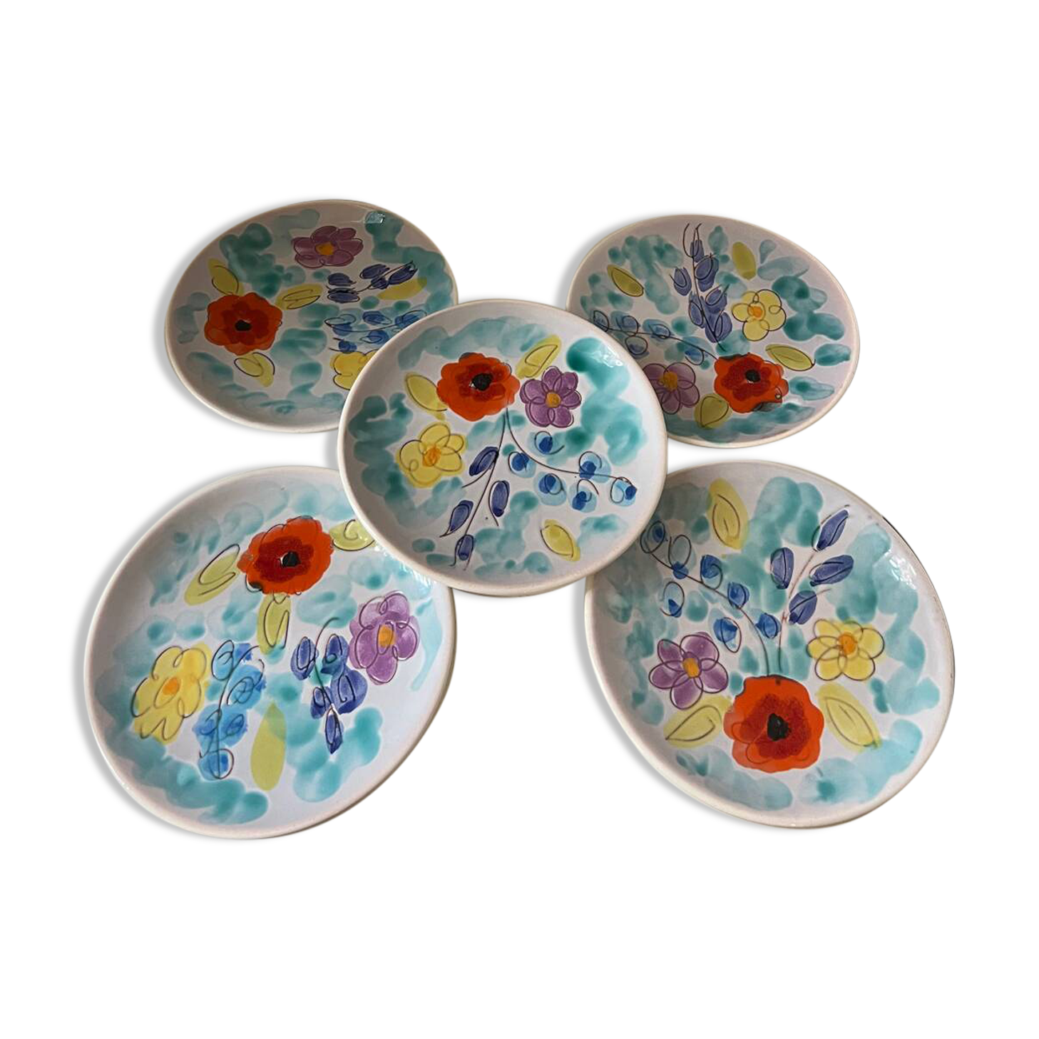 Set of dessert plates with flowers, Vallauris 1960