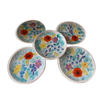 5 assiettes à dessert fleurs Vallauris, 1960