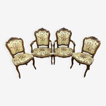 Set of Louis XV style rocaille seats with a floral decorated tapestry