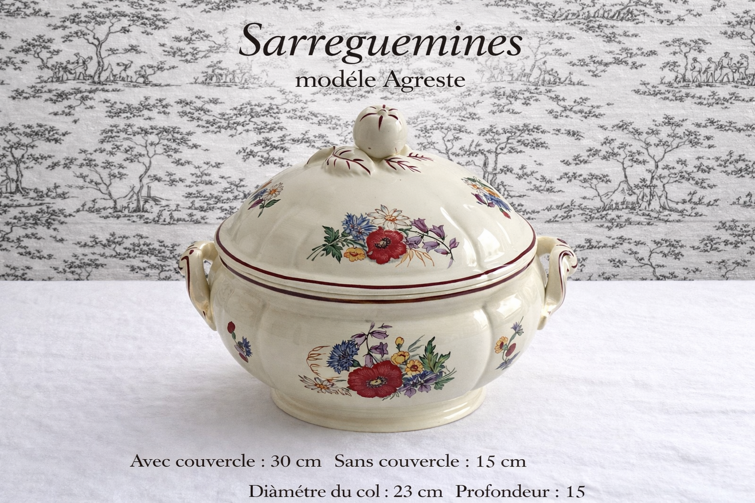 Sarreguemines Agreste soup tureen, antique French earthenware with lid.