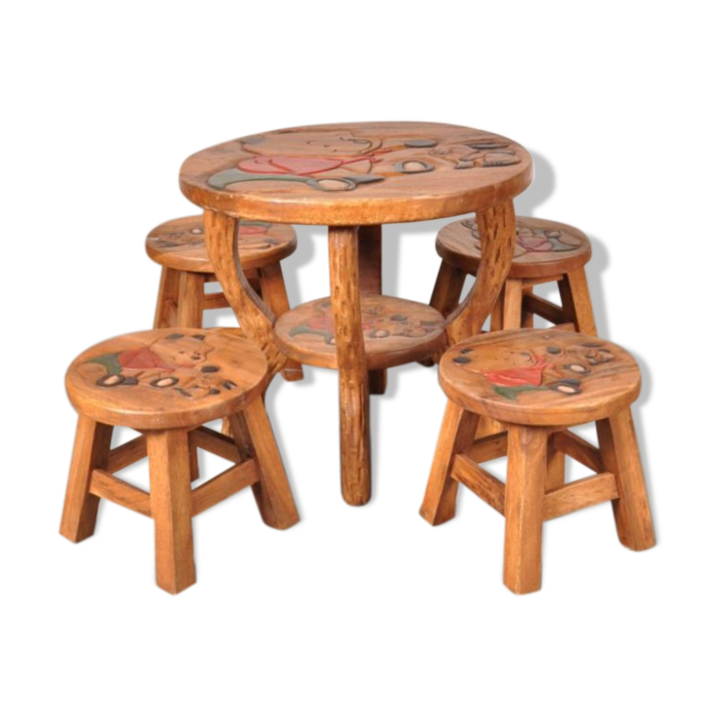 Table children and winnie The Pooh in oak stools, 1950 s
