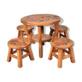 Table children and winnie The Pooh in oak stools, 1950 s