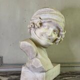 Alabaster bust of a young girl with a turtleneck, signed Caloni, Italy circa 1900