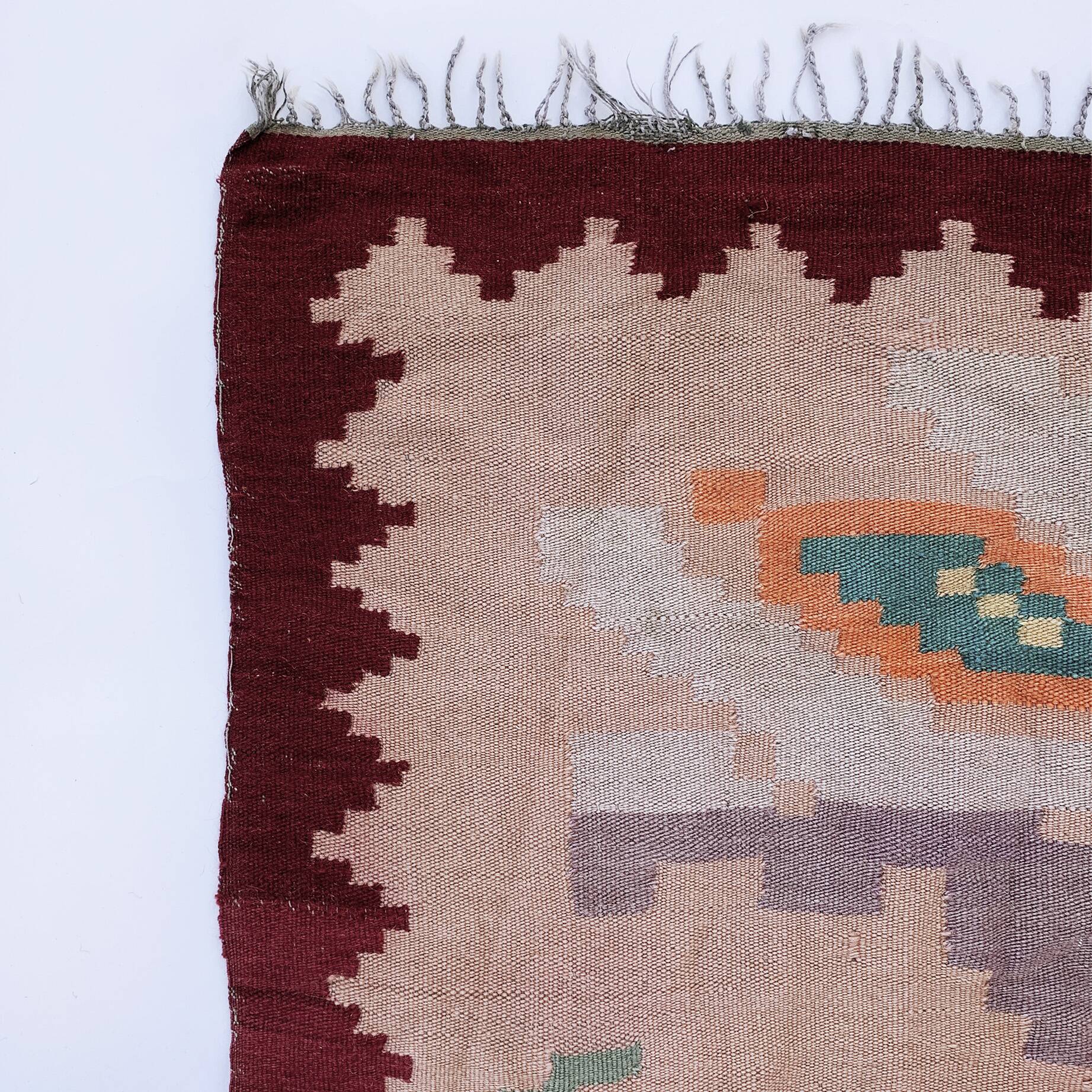 Long Wool Roses Runner Rug 1960s Vintage