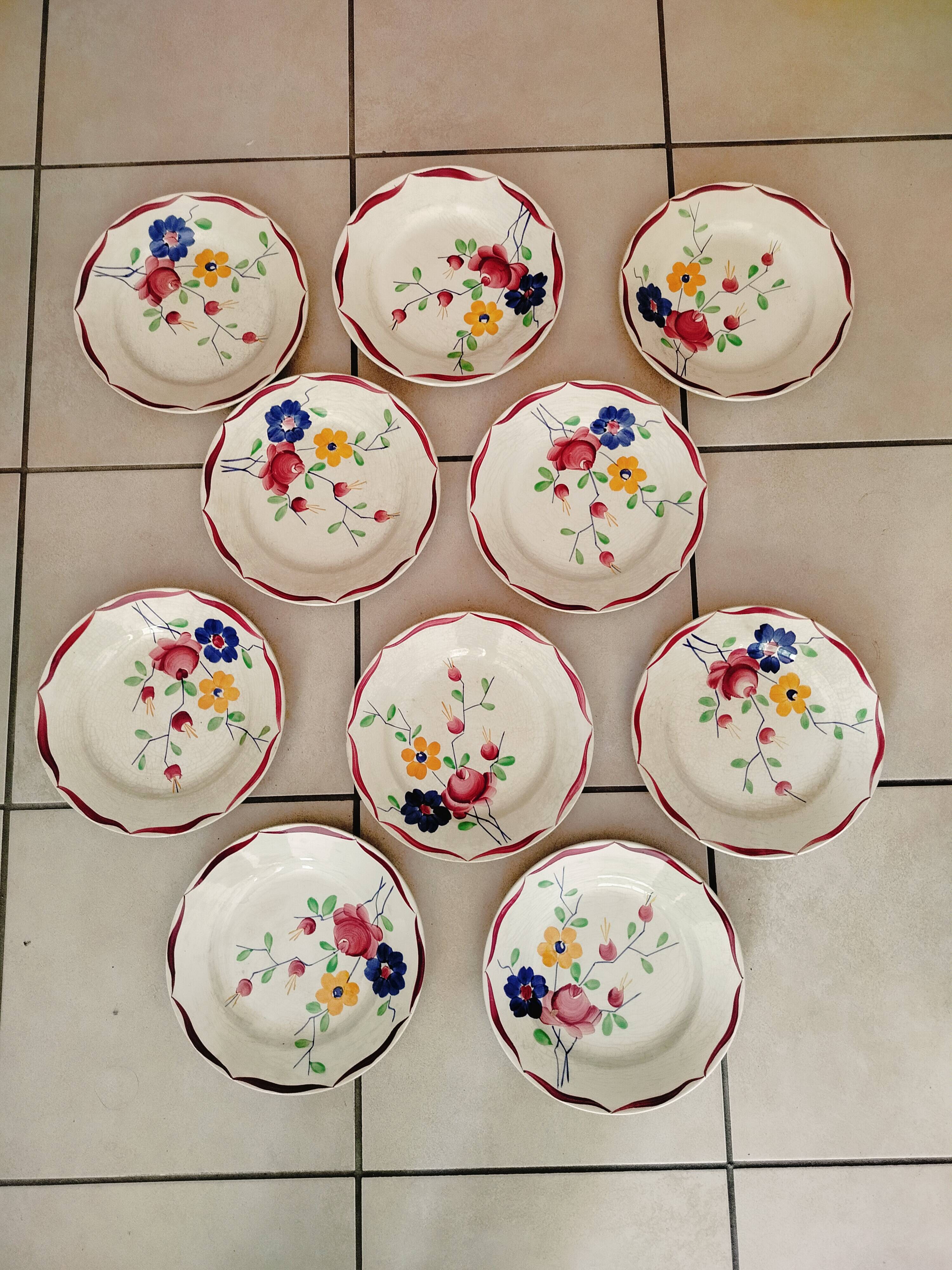 Lot de 10 assiettes plates Gien décor floral