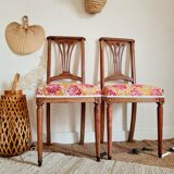 Duo of antique wooden chairs seated redone