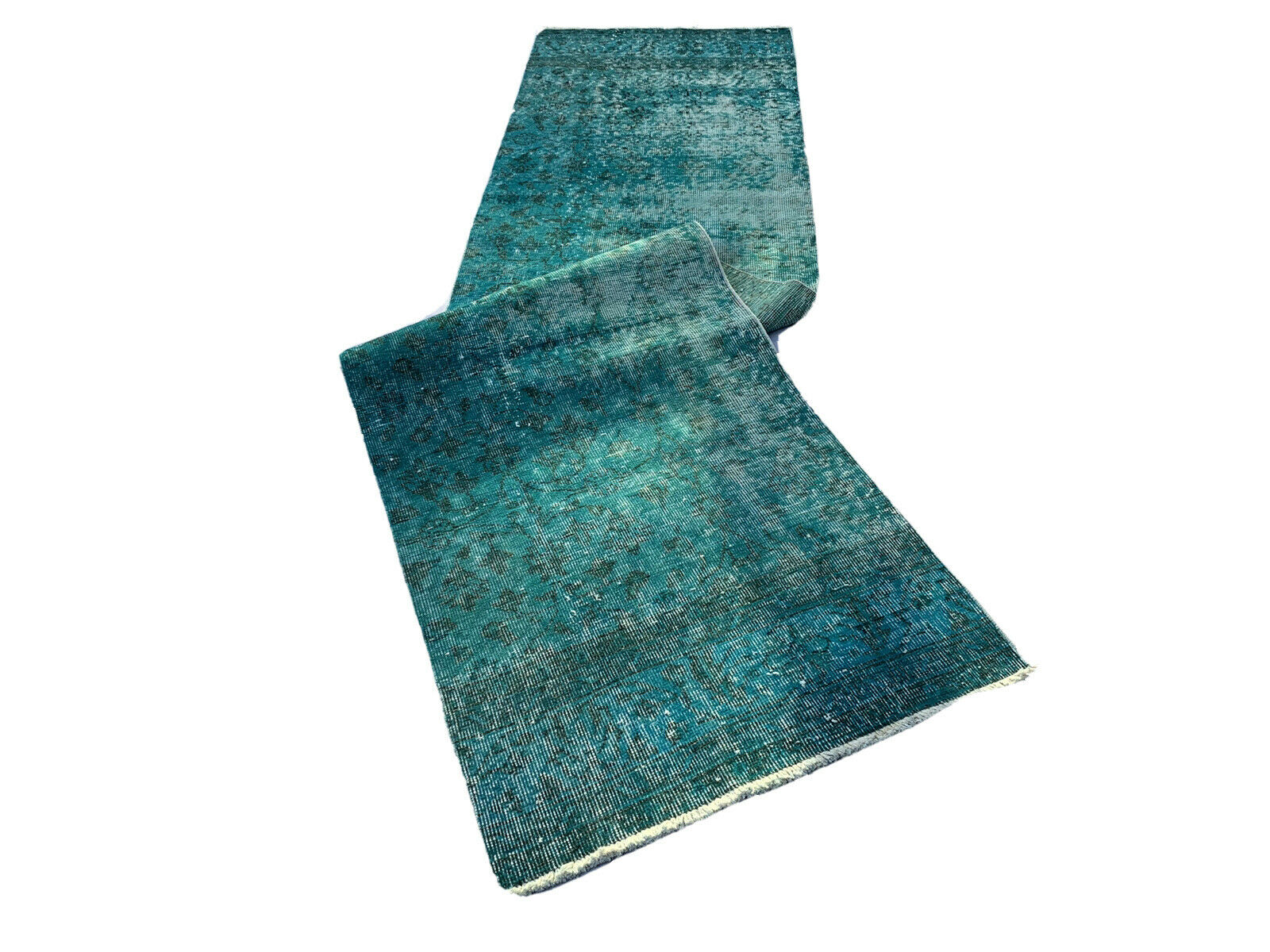 Distressed Turkish Narrow Runner 304 x 76 cm Wool Vintage rug, Overdyed Turquoise