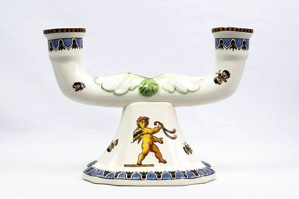 Paire de bougeoirs Renaissance en faïence – Faïencerie de Gien, années 1970