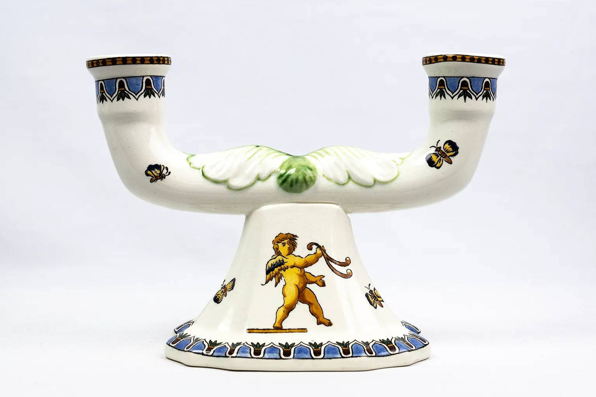 Pair of Renaissance candlesticks in earthenware – Gien pottery, 1970s