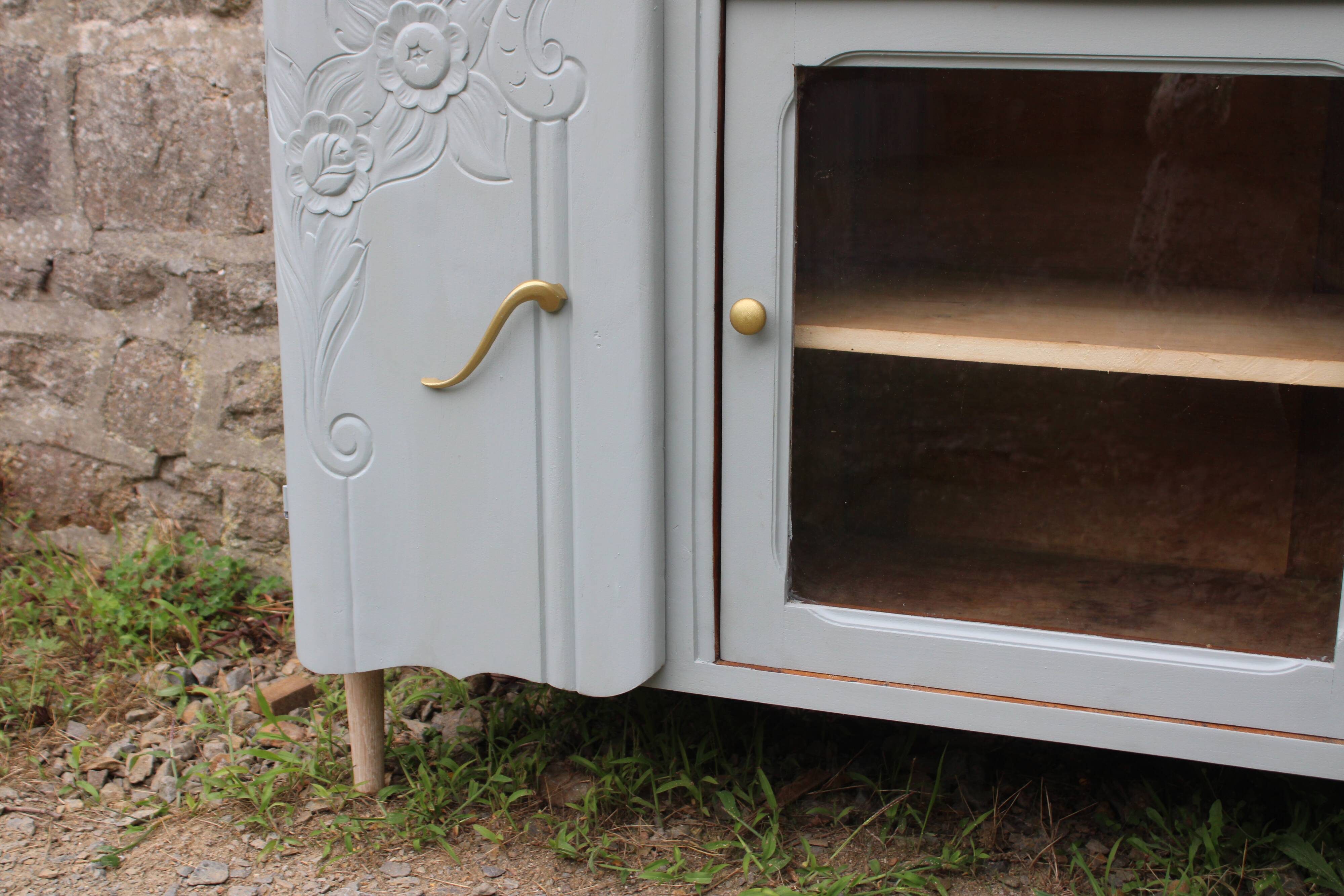 Renovated vintage low sideboard - Unique piece of furniture with floral moldings