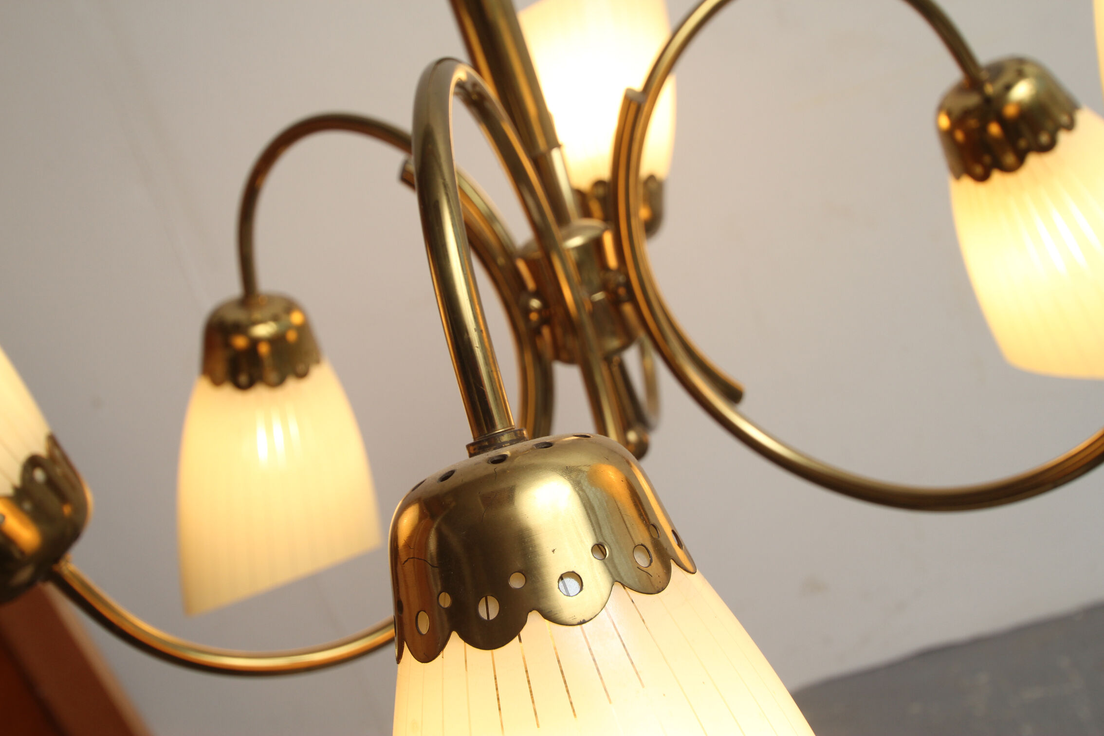 1950s chandelier in brass and glass