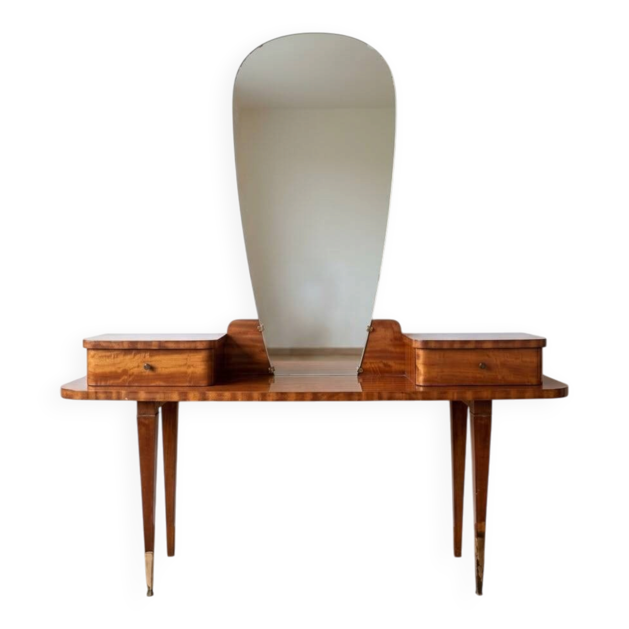 Vintage 1950s wooden vanity with mirror.
