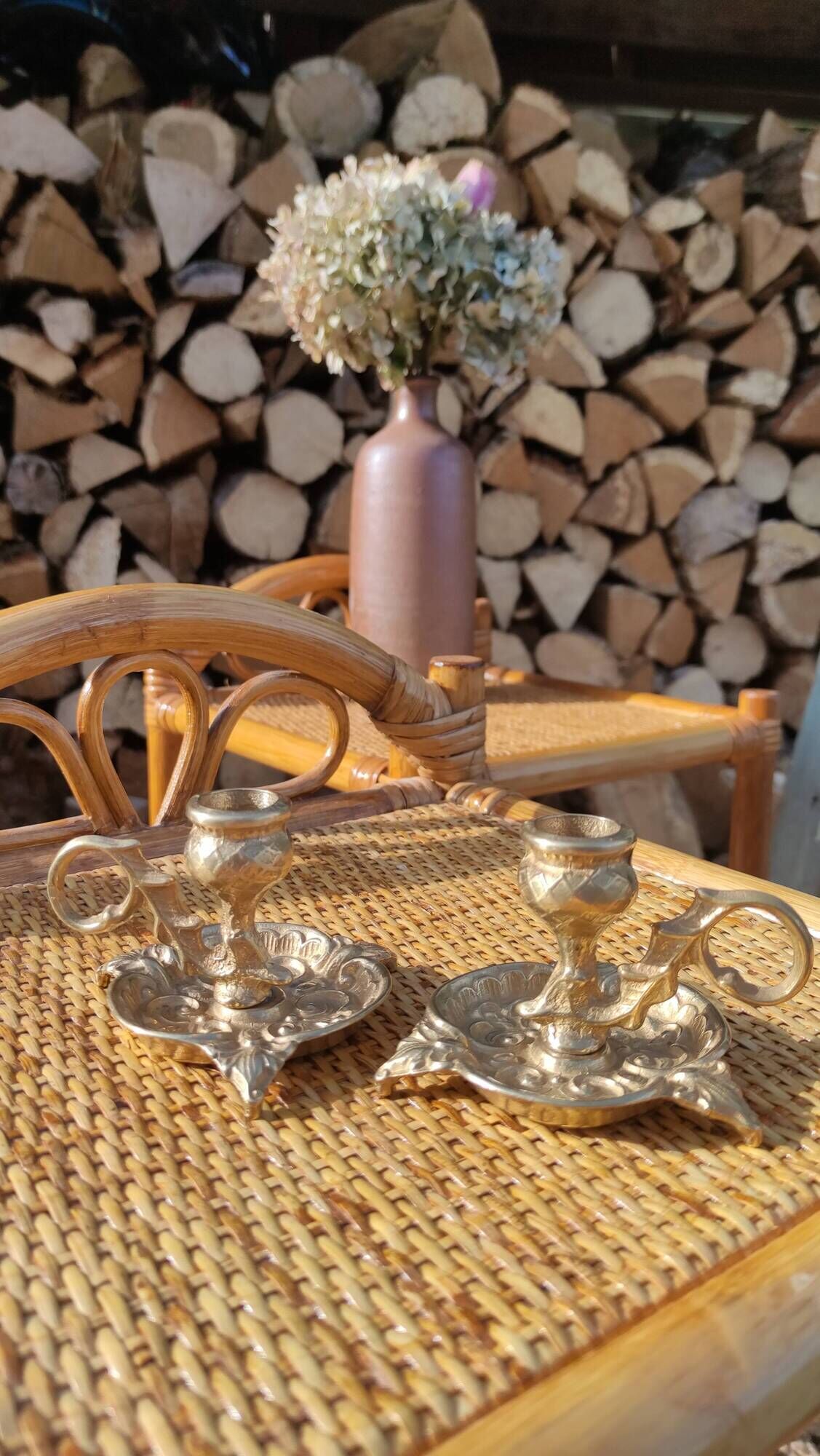 Pair of vintage solid brass candle holders