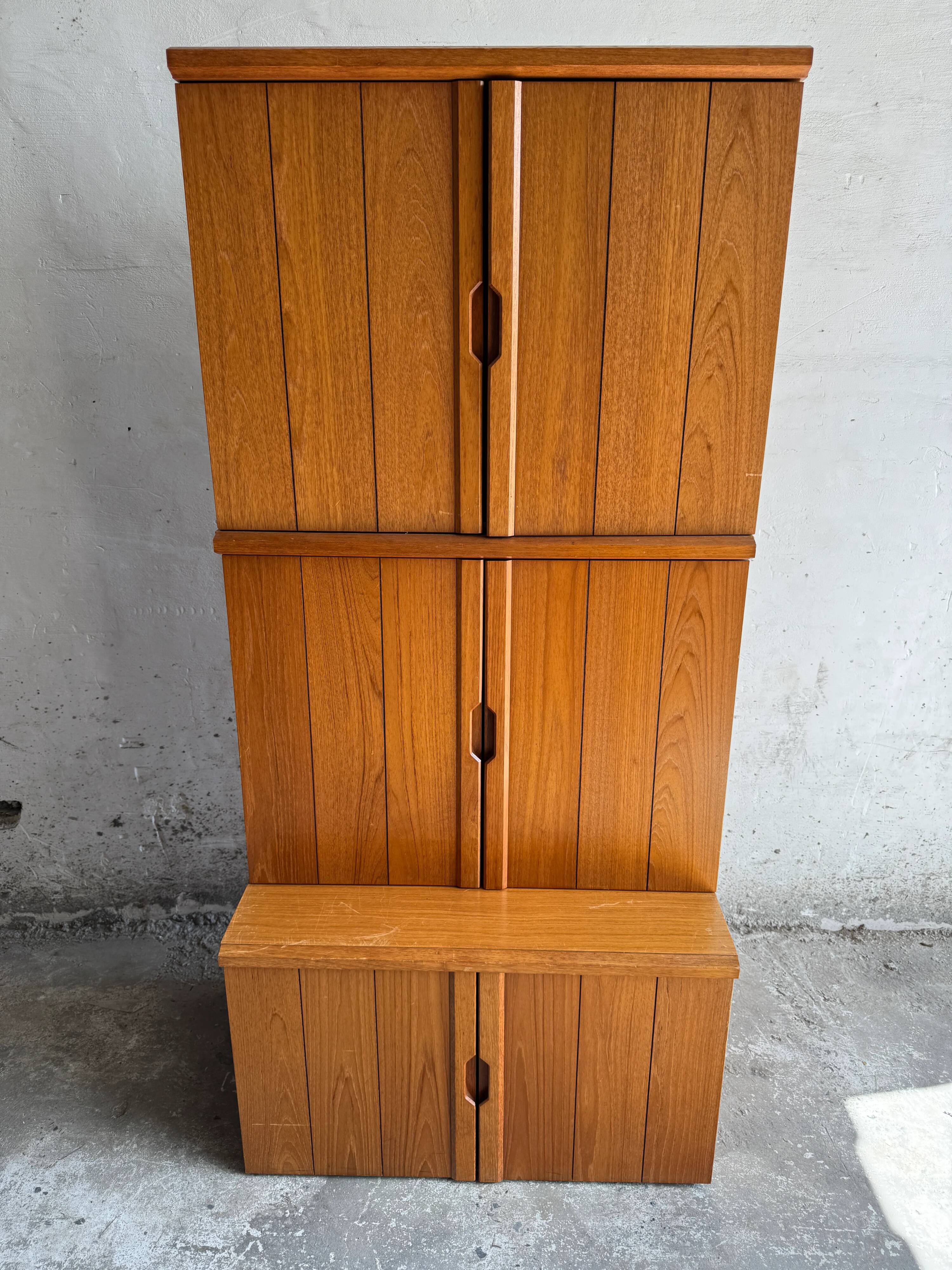 Tall Danish Teak Cabinet, Warm Brown Teak with Integrated Handles, 1970s Modular Design