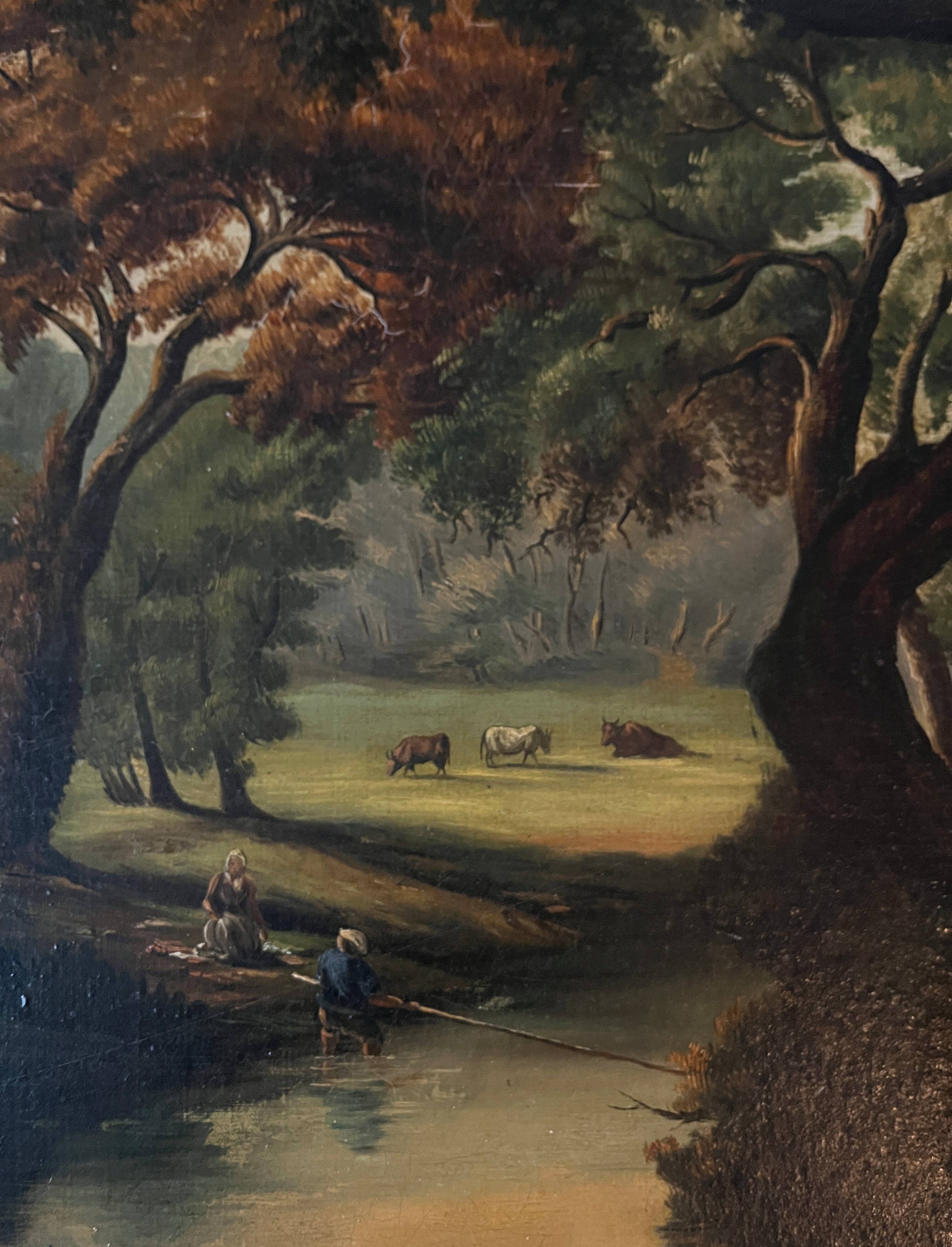 Tableau HST "Paysage pastoral animé vaches et couple" landscape XIX° siècle