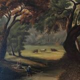 Tableau HST "Paysage pastoral animé vaches et couple" landscape XIX° siècle