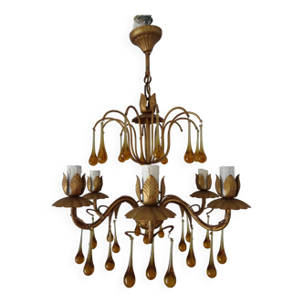Lustre gouttes en verre de Murano et métal doré, années 50-60
