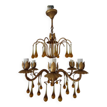 Lustre gouttes en verre de Murano et métal doré, années 50-60