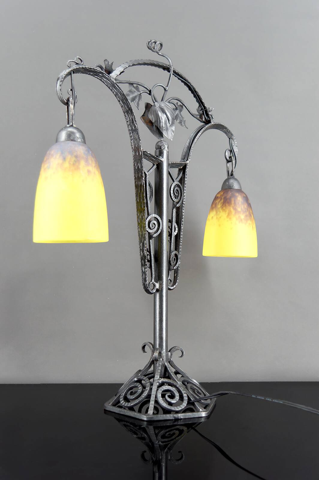 Important Double-Headed Lamp, Wrought Iron by Schneider, France, c. 1920