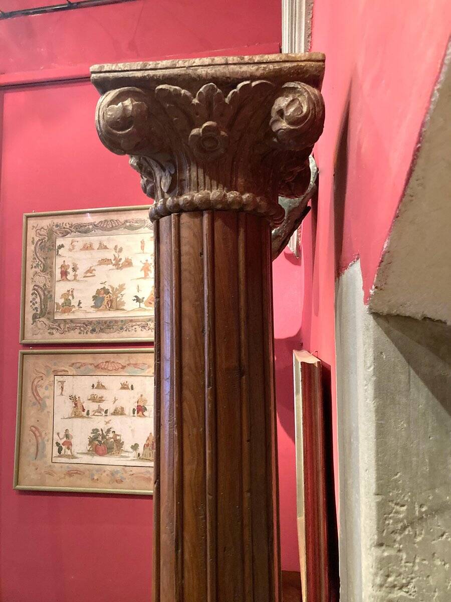 19th Century Italian Architectural Corinthian Wood Columns on Sandstone Plinths, Set of 2