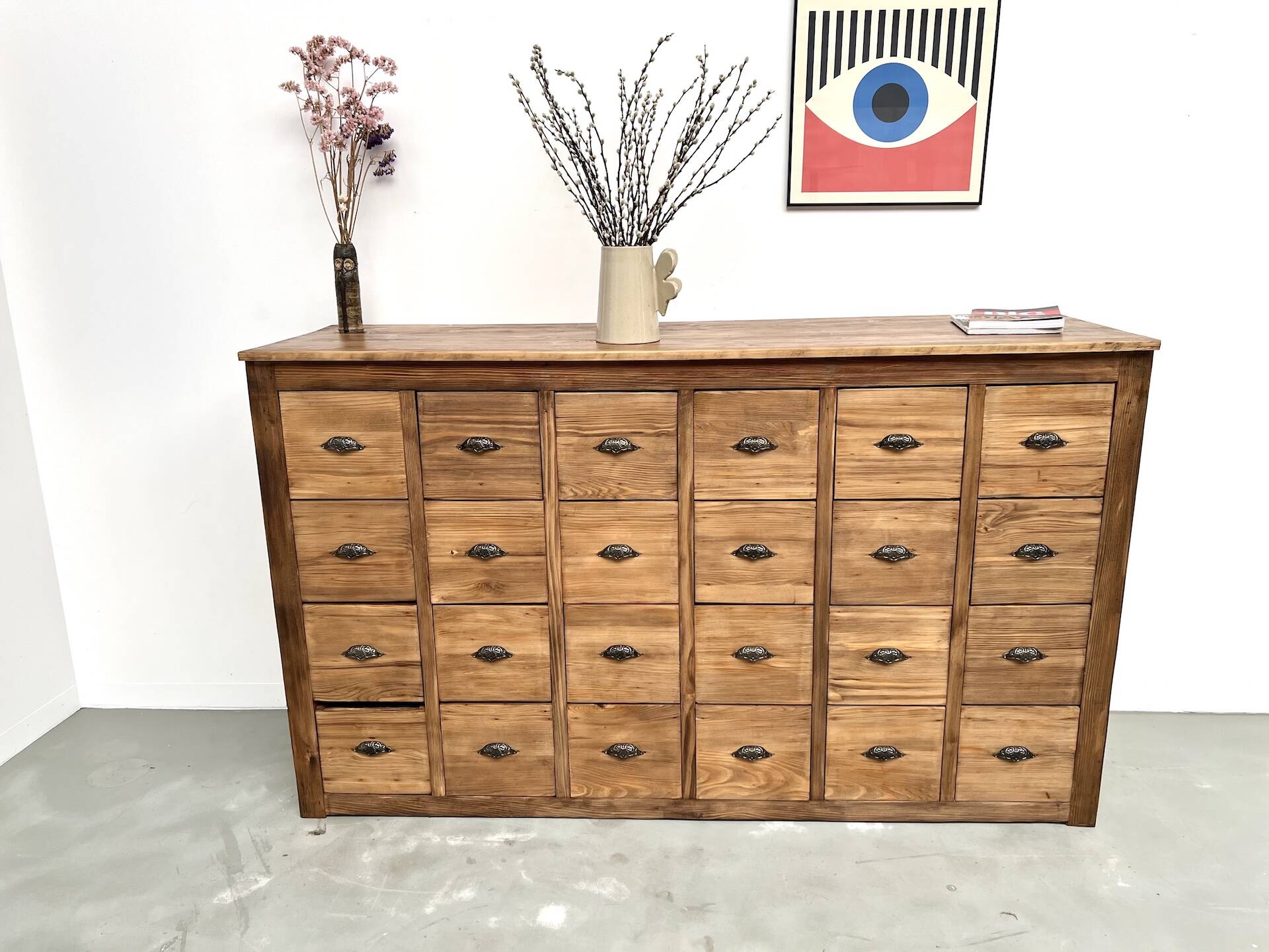 Vintage workshop furniture with 24 drawers in solid pine – 1950s