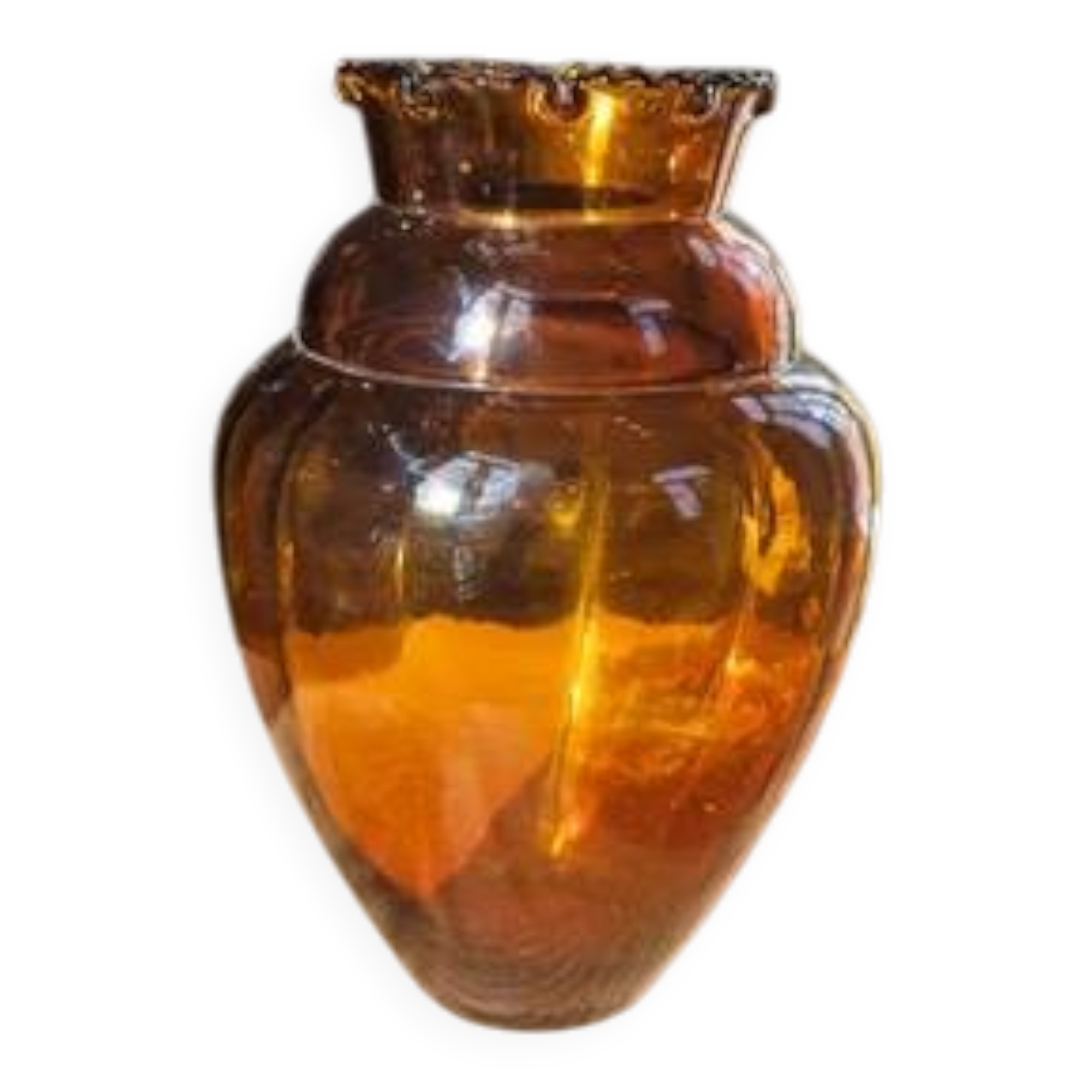 Vintage Art Deco vase in amber glass with a wavy neck - height 25 cm