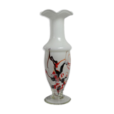 Corolla vase in white opaline with orange-brown patterns.