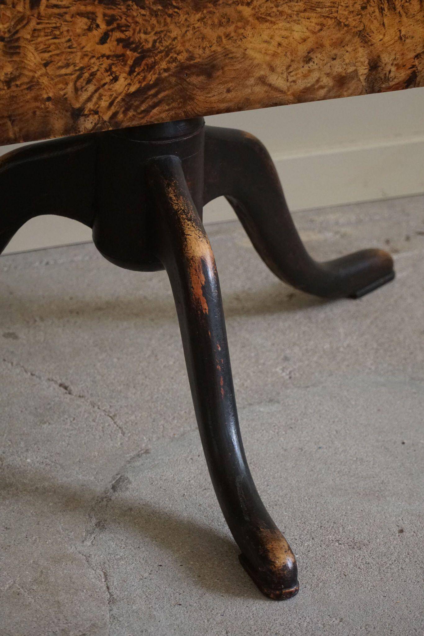Antique square table with drop leaves made of burl wood, handcrafted in Sweden, 19th century.