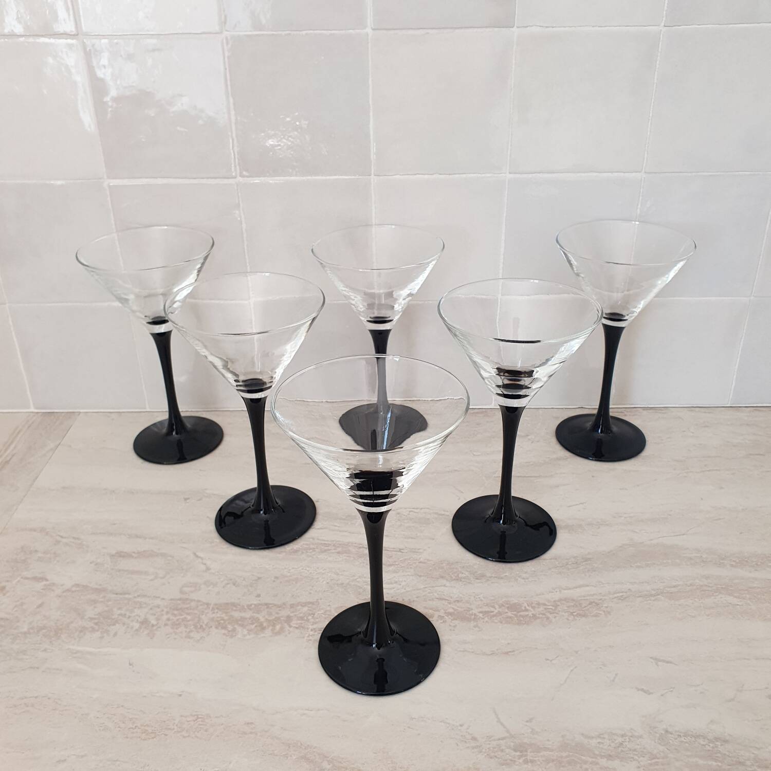 6 cocktail glasses / black stem martini glasses