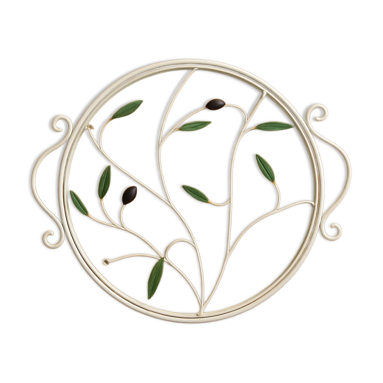 Round wrought iron and glass tray decorated with olives and foliage