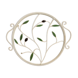 Round wrought iron and glass tray decorated with olives and foliage