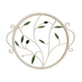 Round wrought iron and glass tray decorated with olives and foliage