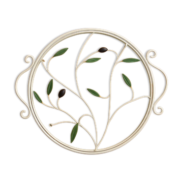 Round wrought iron and glass tray decorated with olives and foliage