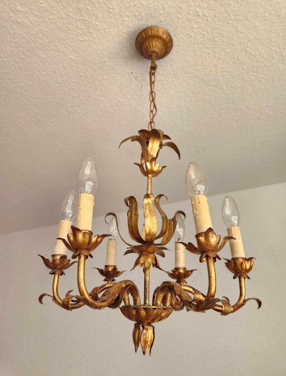 Vintage Hollywood Regency 6 light Chandelier gilded Italy Florence 1950-60