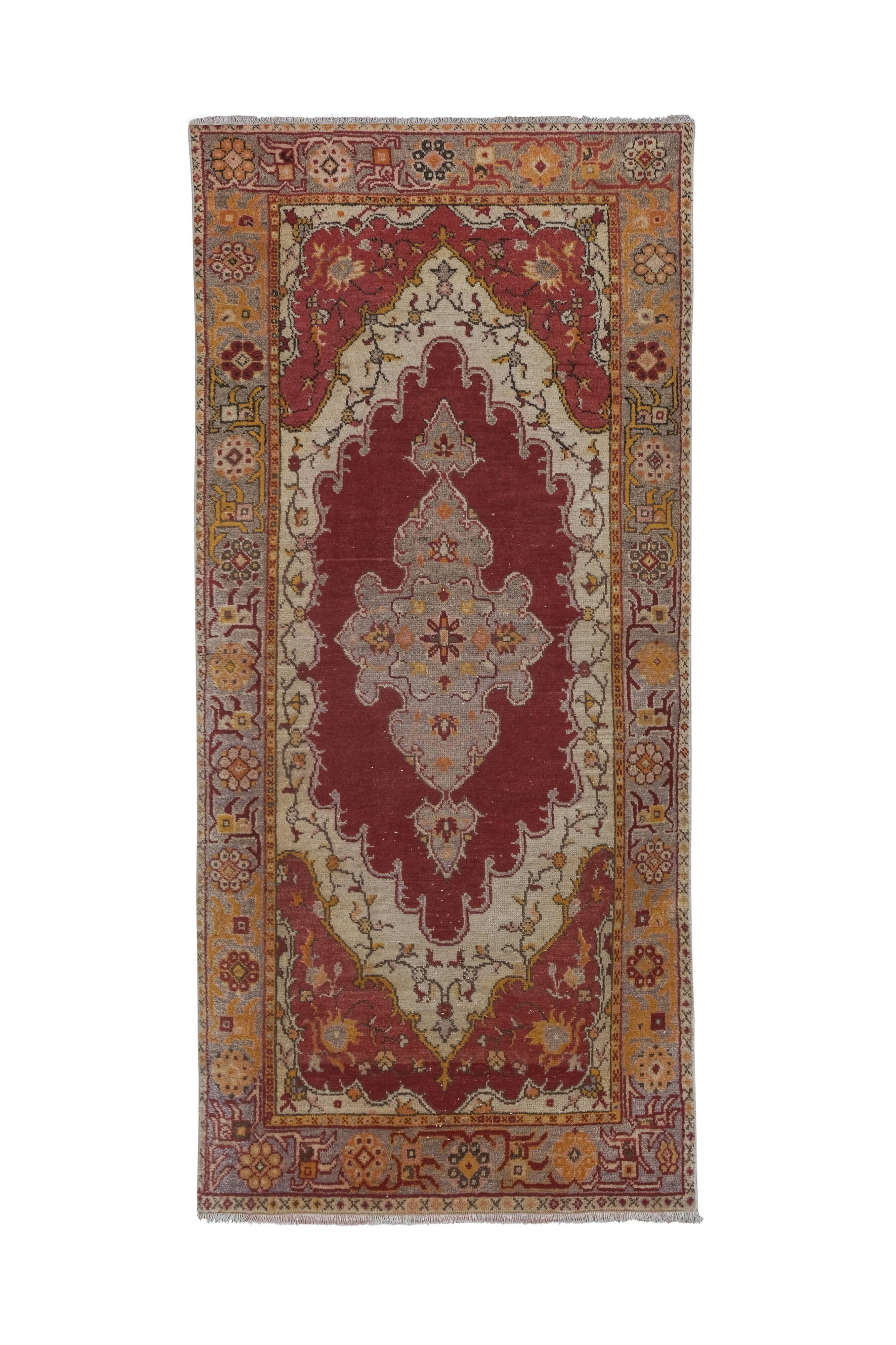 Vintage Red and Pink Turkish Oushak Rug - Kitchen Rug 3'5" X 7'4"
