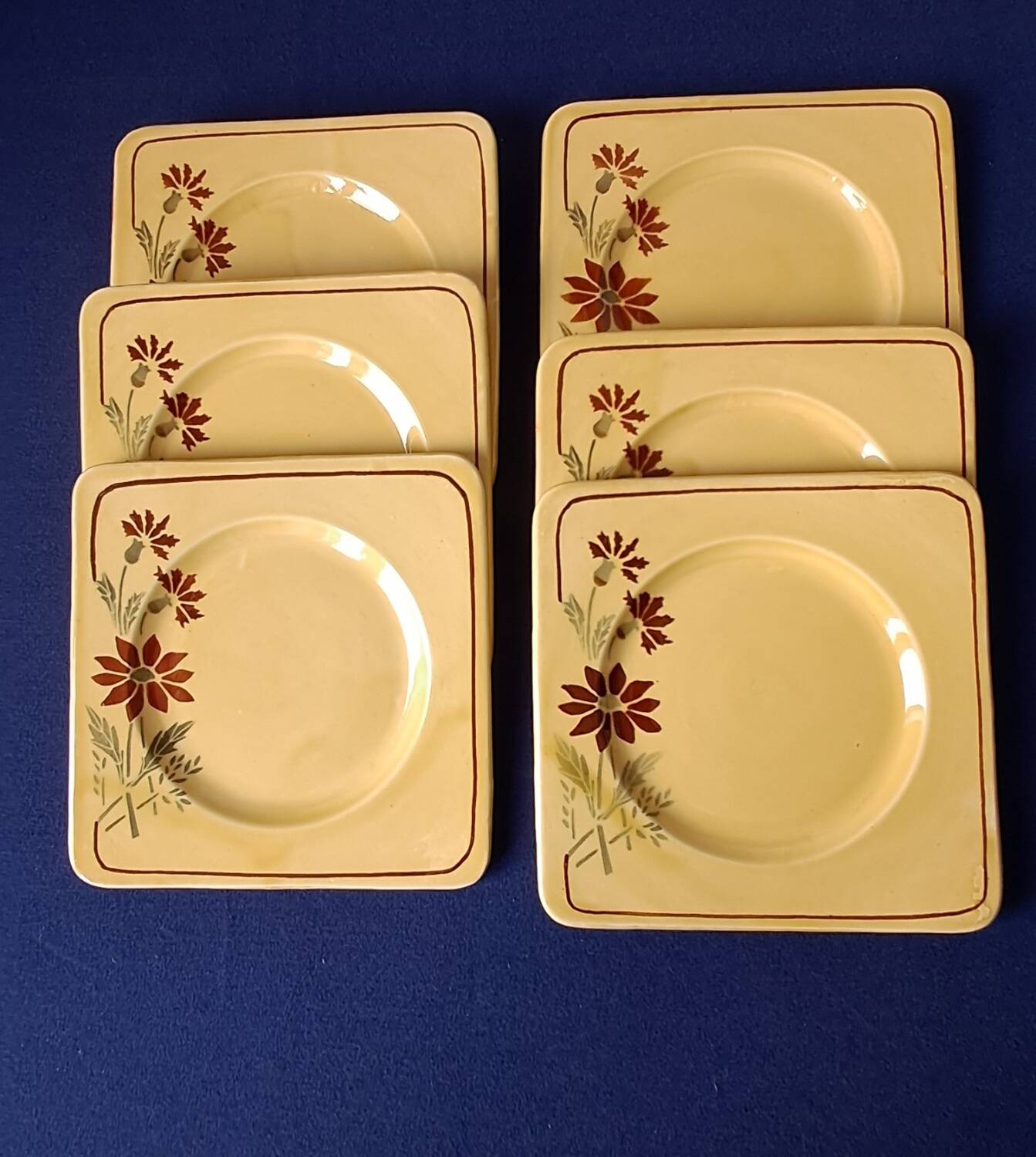6 square dessert plates, ironstone. 1940s-50s.