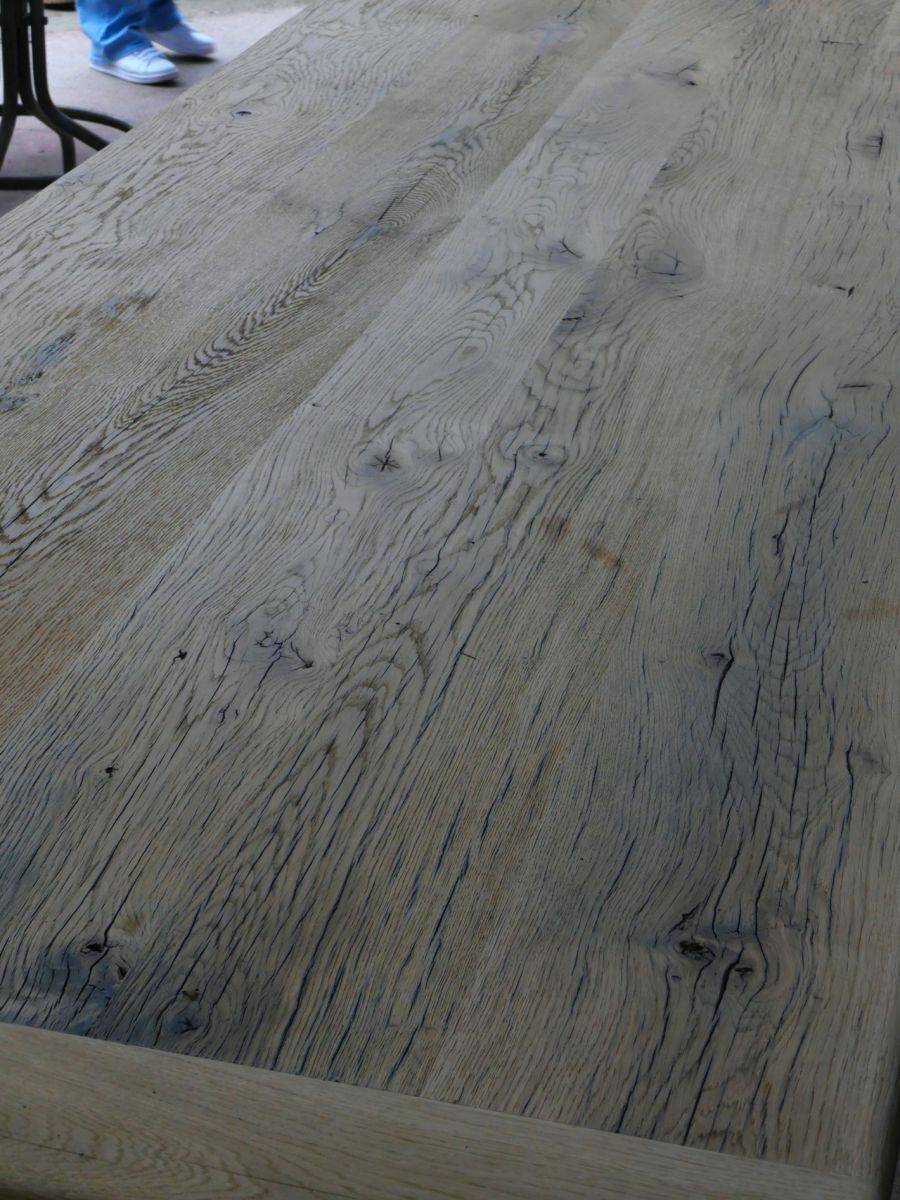 Industrial table solid oak tray and cast-iron footing