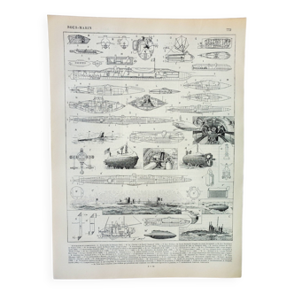 Gravure ancienne 1898, Sous-marin, submersible, marine • Lithographie, Planche originale