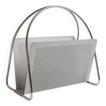 Vintage argent chrome-plated metal magazine rack by Mascagni – perforated, space-age design, Italy 1970s