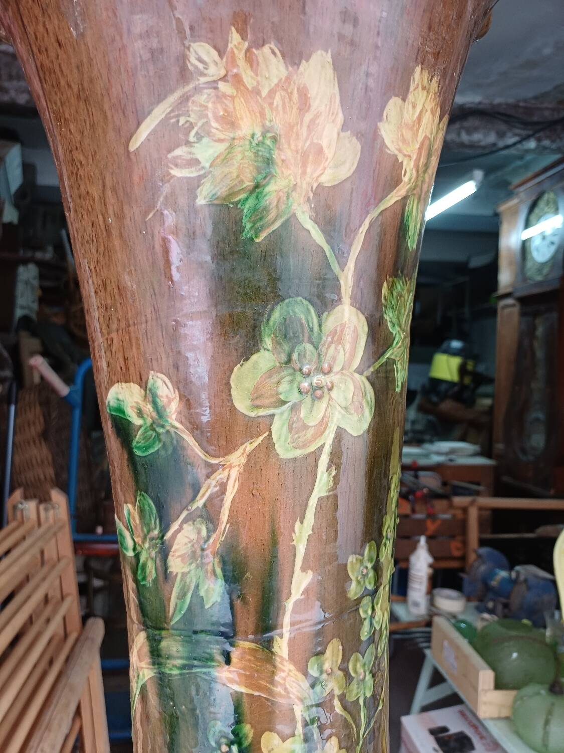 Large ceramic vase on a column, 1.49 meters tall, circa 1900, in its original condition.