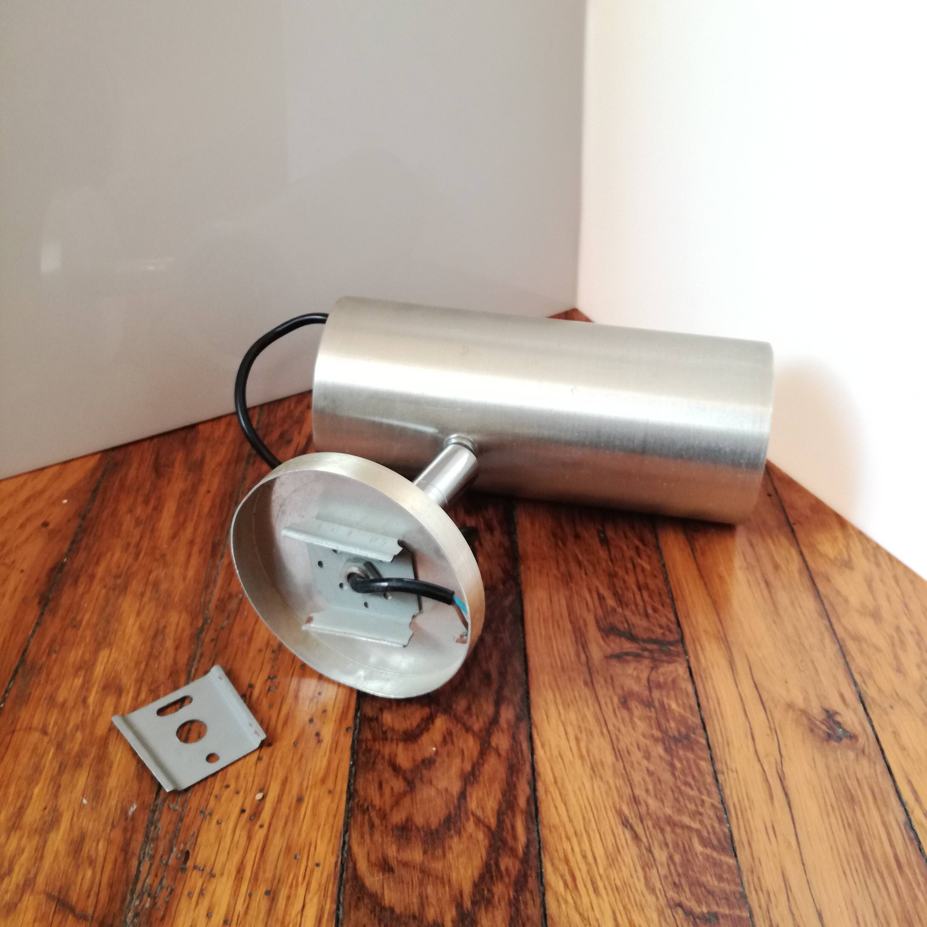 Cylindrical and adjustable wall spotlight in brushed stainless steel, 1970s