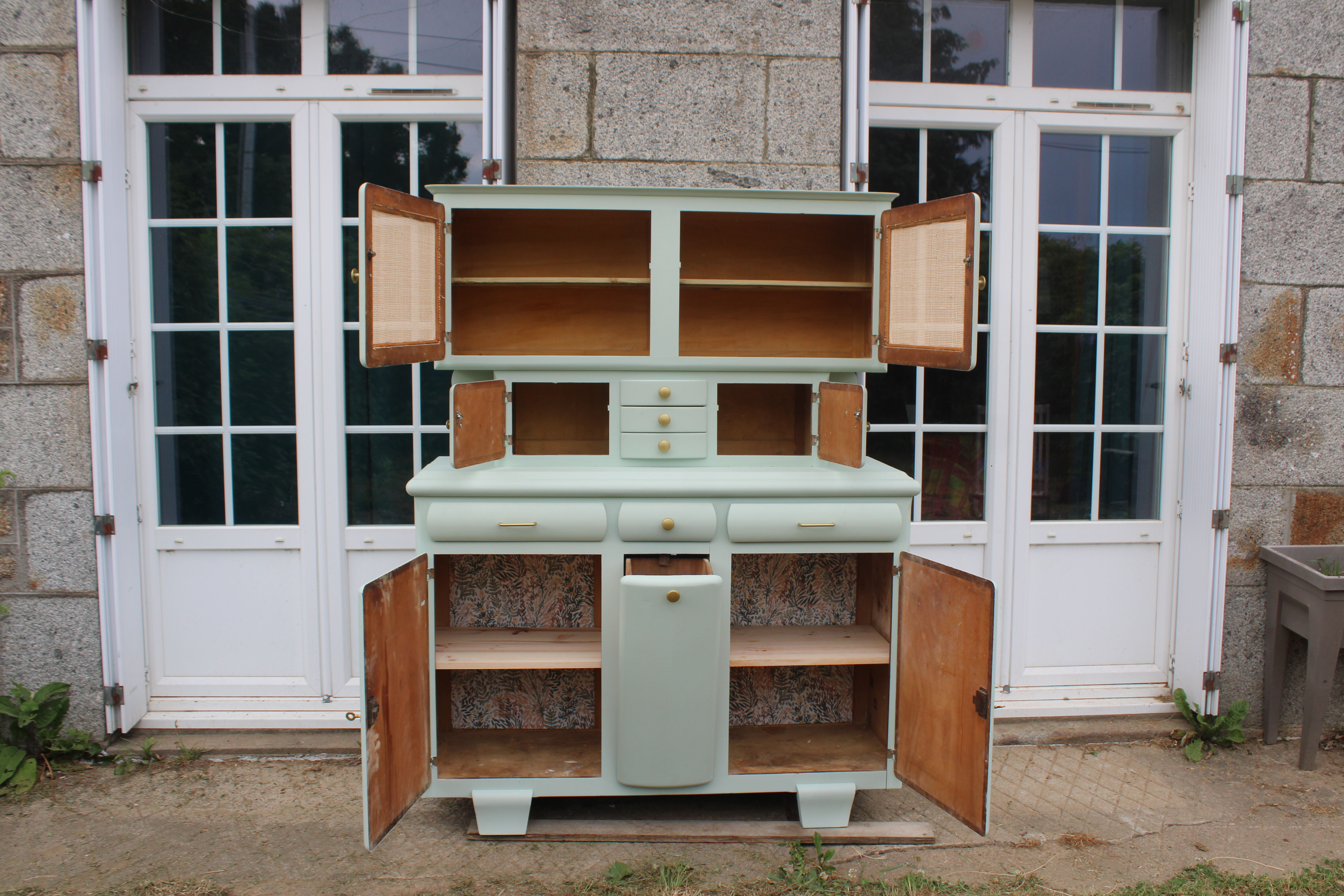 Renovated vintage Mado sideboard – Celadon green & natural cane