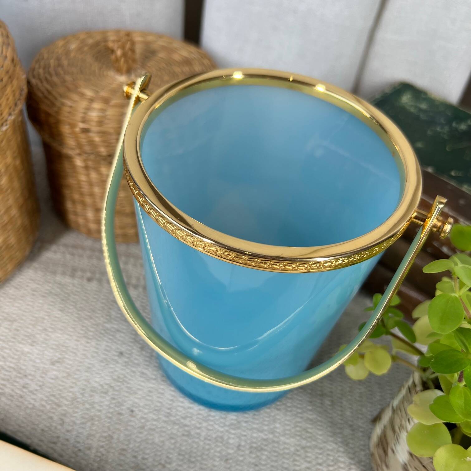 Vintage ice bucket in blue opaline and gold metal