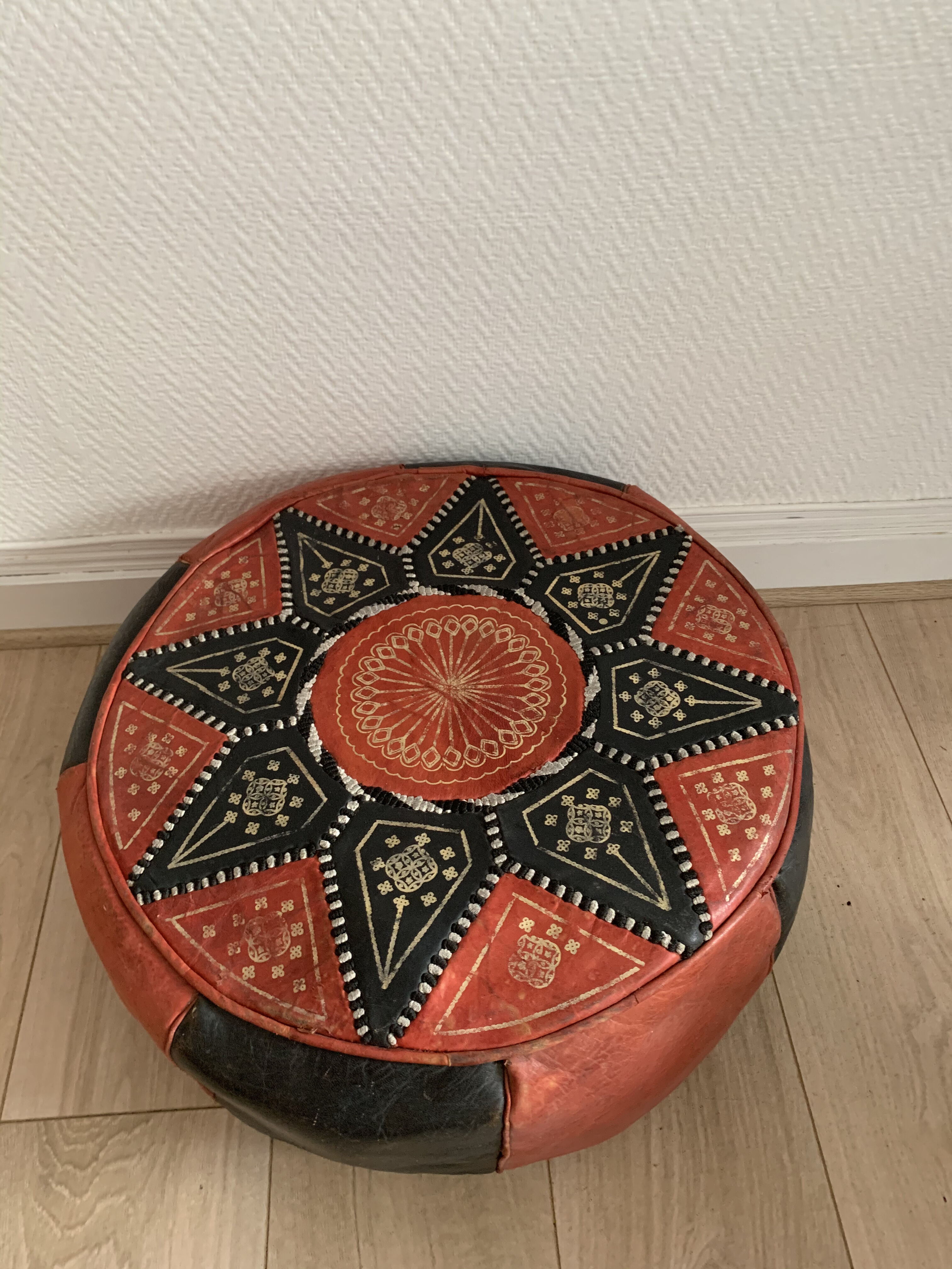 Vintage Moroccan leather pouf