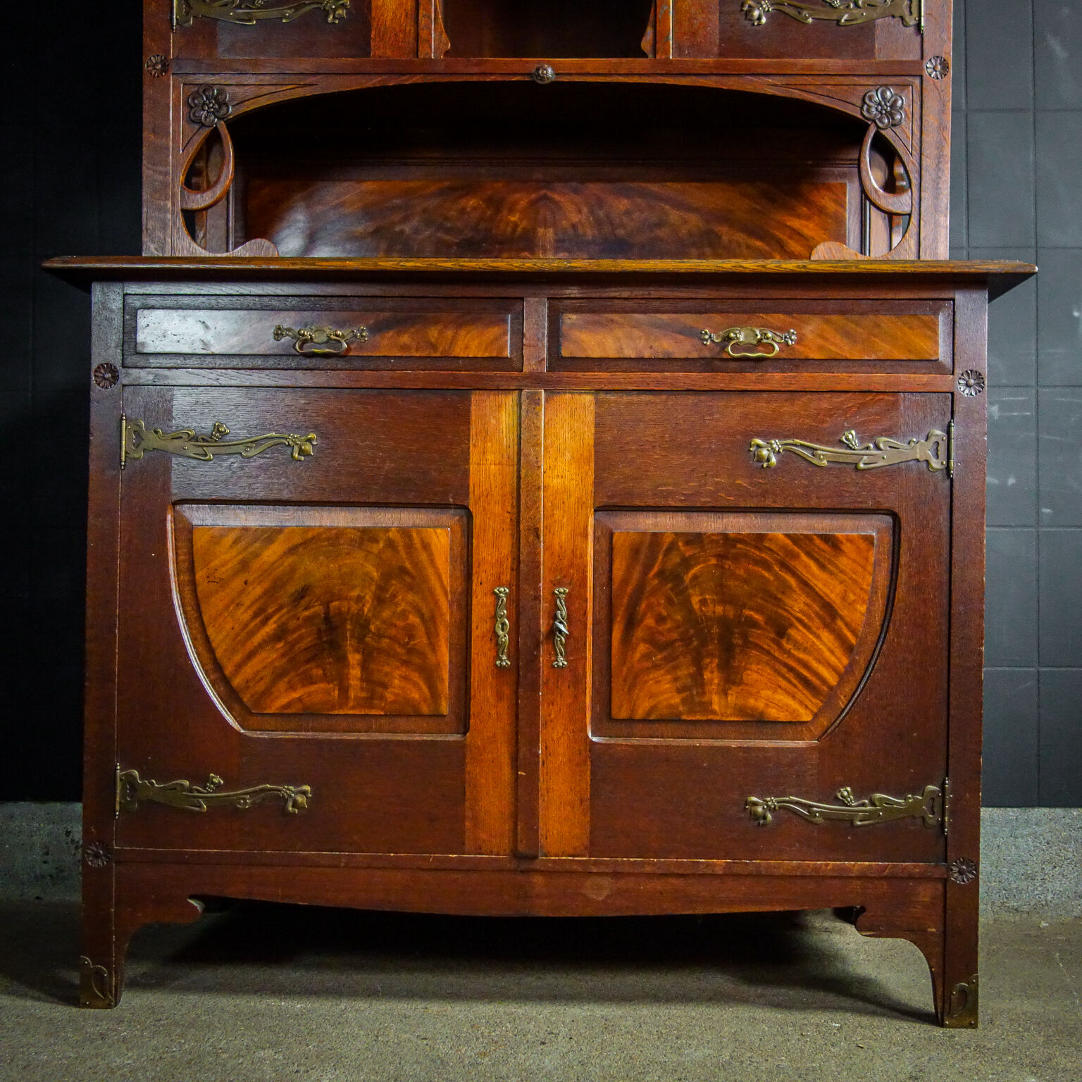 art nouveau cabinet with stained glass window, France circa 1910