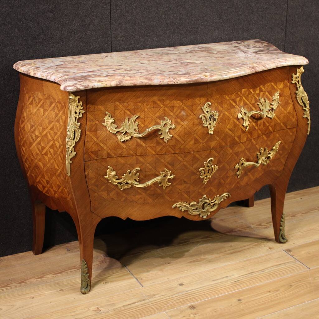 Commode française incrustée du XXe siècle avec plateau en marbre