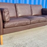 Danish brown leather three seater sofa