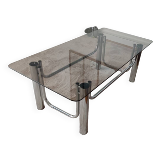 Vintage 70s tubular chrome smoked glass coffee table