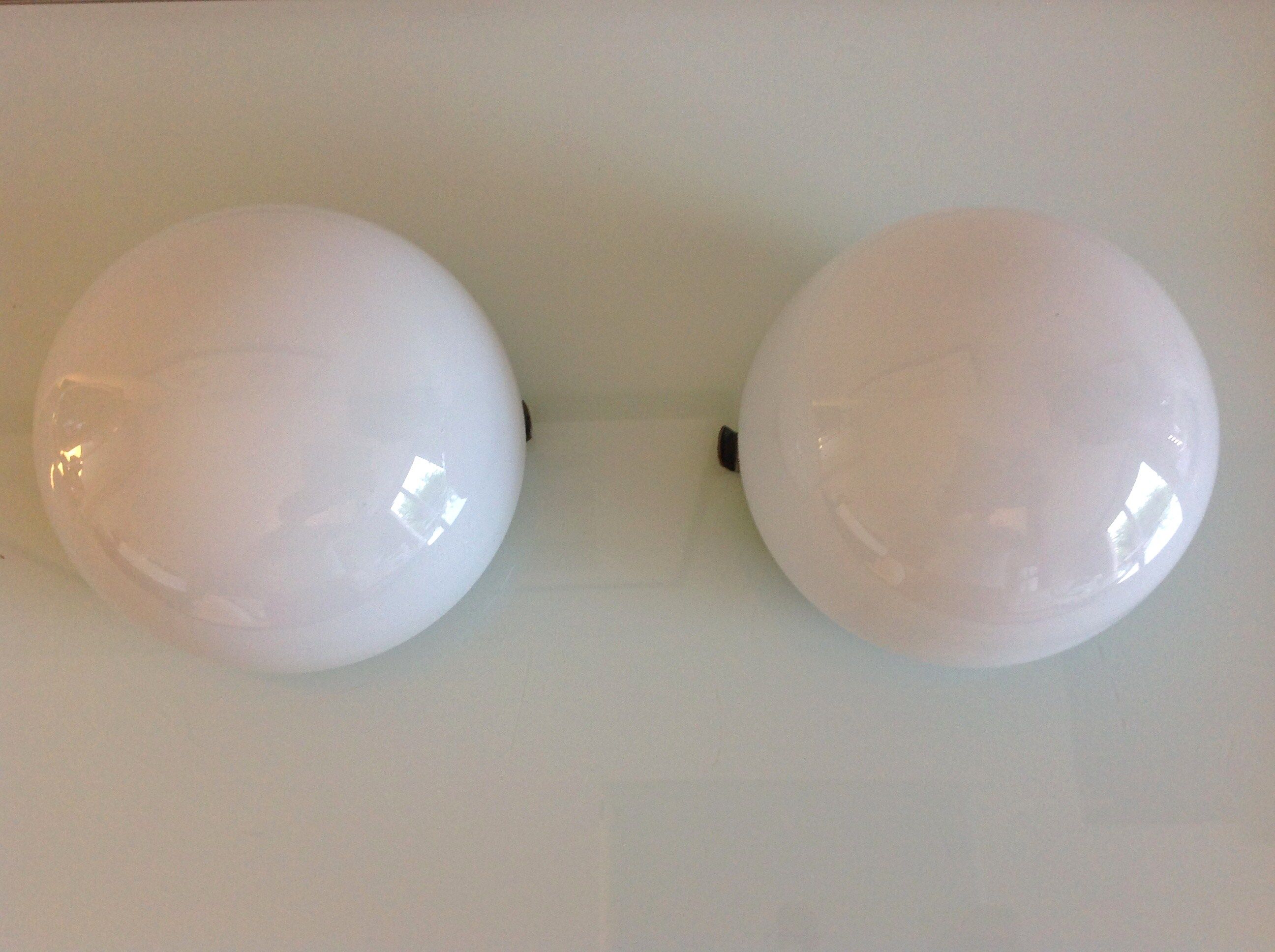 Pair of globe half moon ceiling lights in opaline vintage 60s-70s